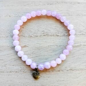 Genuine Kunzite Bead HQ Stretch Bracelet Bronze Heart Charm Enhance Love